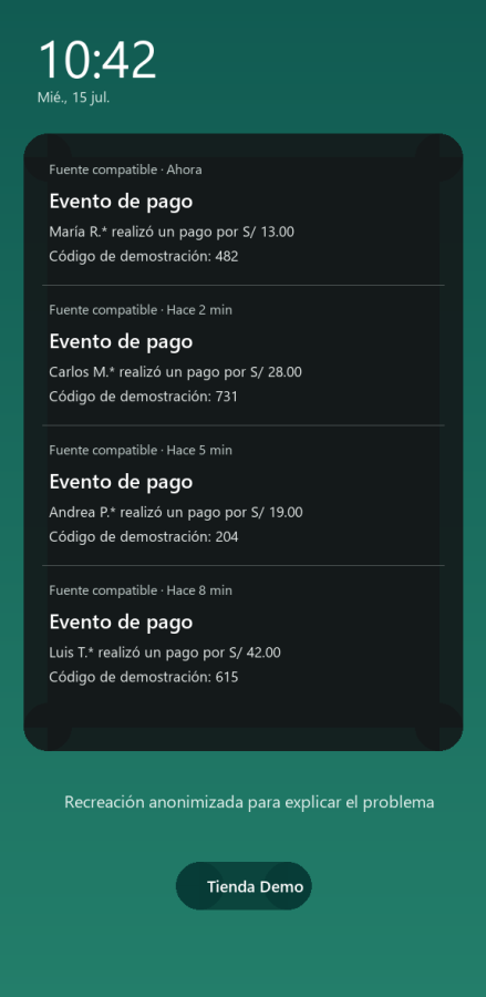 Recreación anonimizada de notificaciones de pago acumuladas
