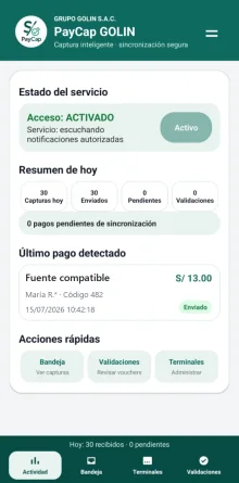 Panel de actividad anonimizado de PayCap Capturador