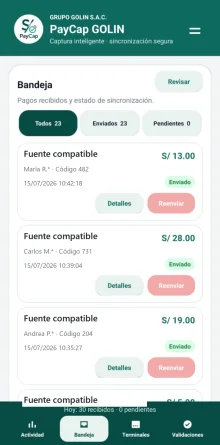 Bandeja anonimizada de eventos en PayCap Capturador