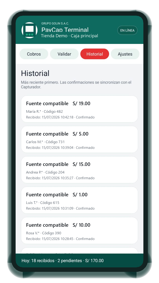 Historial anonimizado de PayCap Terminal
