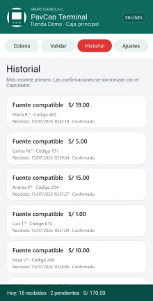 Historial anonimizado de PayCap Terminal