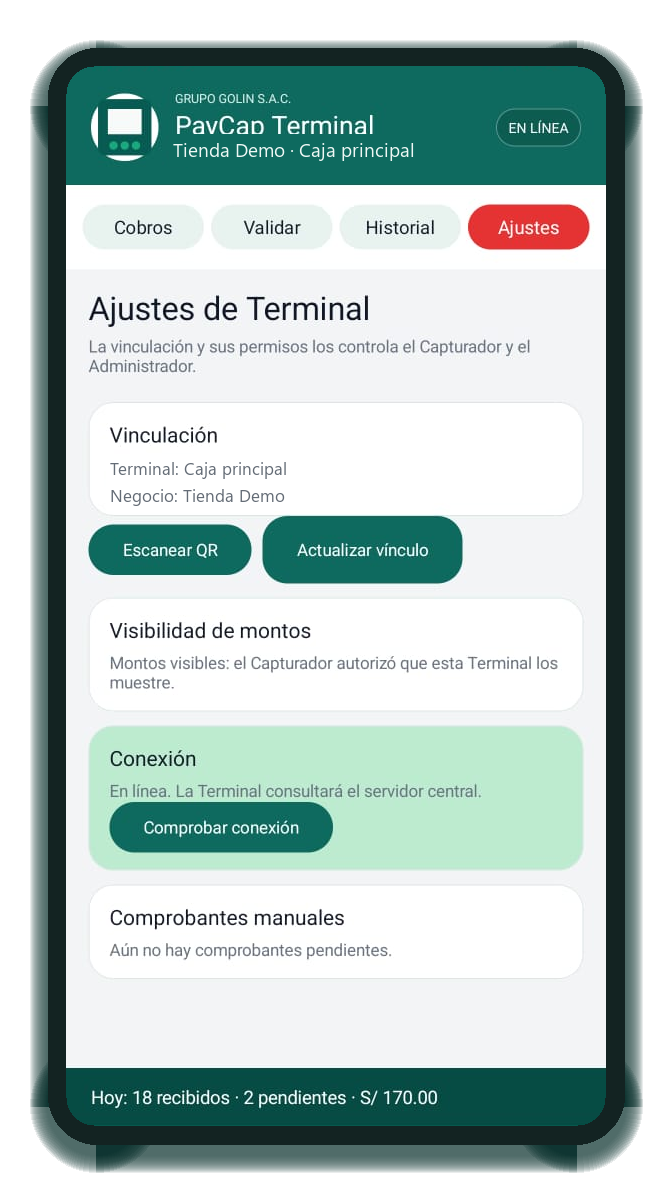 Ajustes y conexión de PayCap Terminal