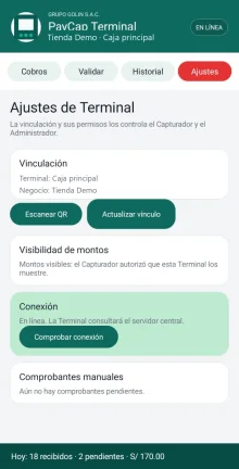Ajustes anonimizados de PayCap Terminal
